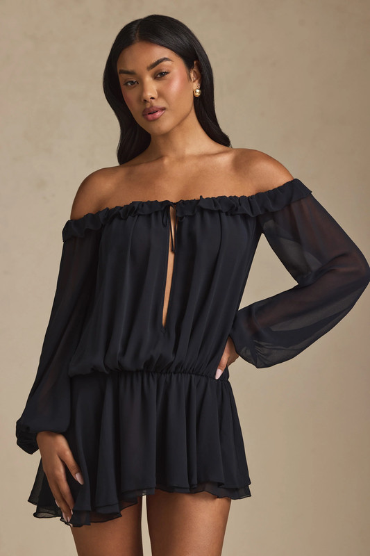 Off-Shoulder Asymmetric Balloon-Sleeve Mini Dress in Black - Size:XXS